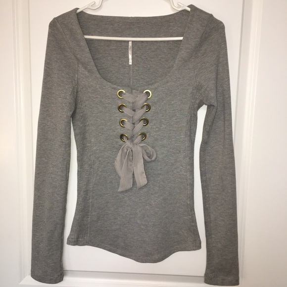 Free People Looking Back lace up top Size XS| Grey | NWOT - Picture 1 of 9